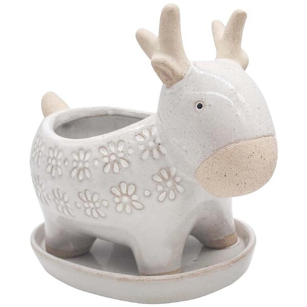LVD Ceramic/Stoneware Planter Deer Decorative Pot Home Decor 17.7cm White