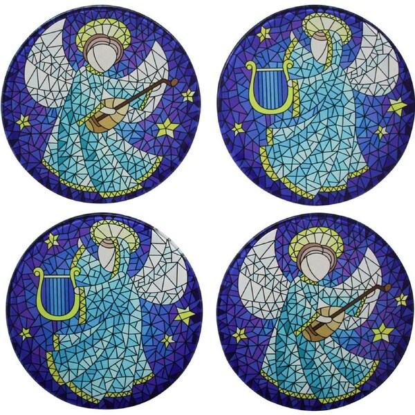 4pc LVD Tempered Glass Xmas Angels Coasters Kitchen/Bar Decor 10x10cm Blue