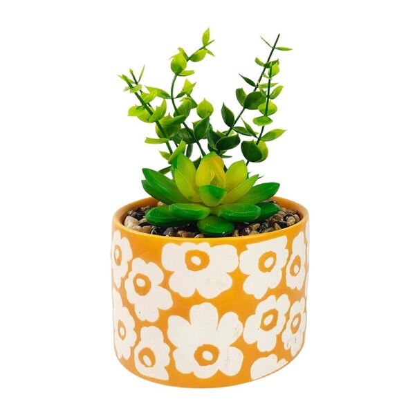 Urban Retro Floral 15cm Artificial Fake Faux Plant Ceramic Potted Decor Orange