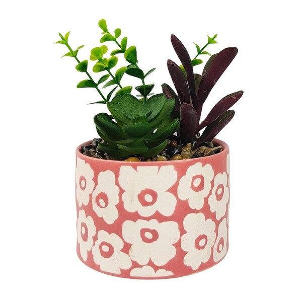 Urban Retro Floral 15cm Artificial Fake Faux Plant Ceramic Potted Decor Pink