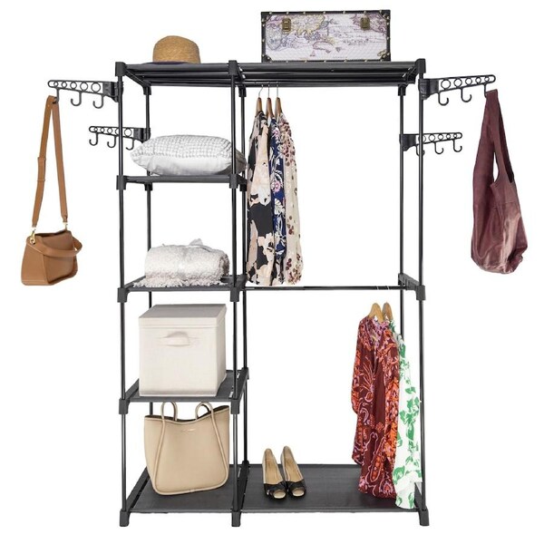 SORTI 6 Tiers Wire Shelving Clothing Garment Racks, with 2 Hanging Rods, Freestanding Portable Closet Metal Wardrobe