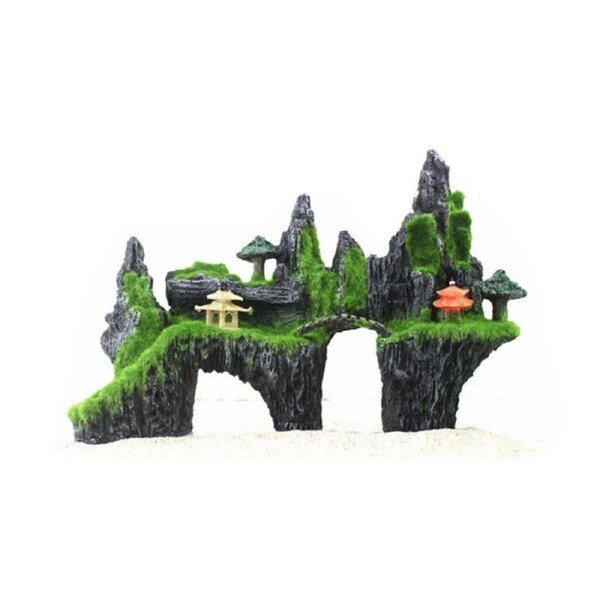 Aquarium Decoration Mountain View Resin Bridge Pavilion Ornament Rock Cave With Moss-422