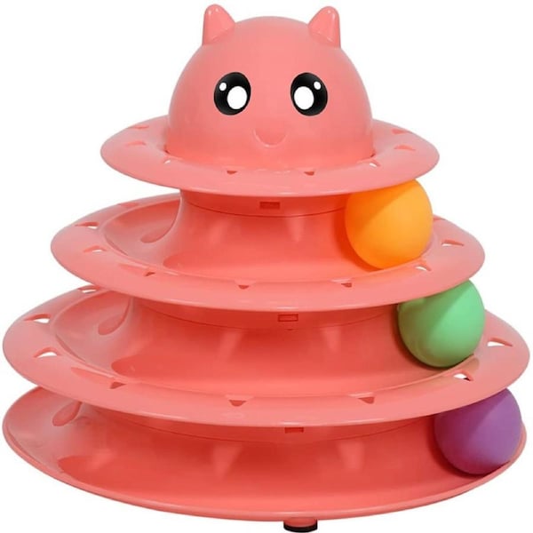 Cat Toy Roller 3 Level Turntable with Six Colorful Balls Interactive Puzzle Kitten Toys Pink