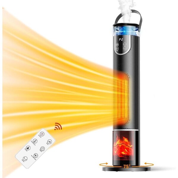 Advwin Heater 2000W Ceramic Heater with Flame Humidifier, Self-Regulating Portable Electric Heater with Remote for Office, Bedroom, Adjustable Temperature, Black