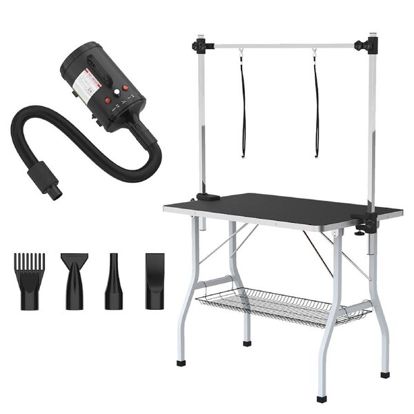 Advwin Pet Grooming Table 2 Loops + Pet Hair Dryer Black Pet Salon Table