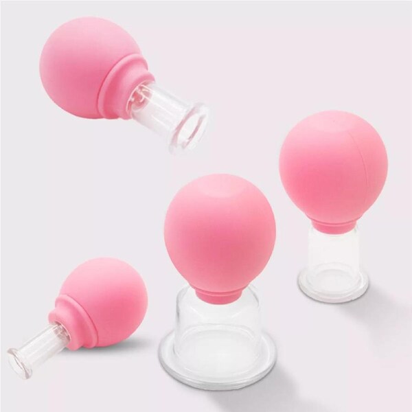 Face Massage Cupping Cups Vacuum Suction Glass Set Silicone Pink 39mm