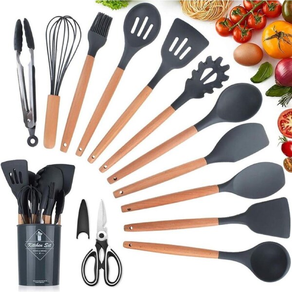 KagoLing Kitchen Utensil Set, Non-Stick Heat Resistant Kitchen Utensil Set, Silicone with Wooden Handle, 13 Pieces, Kitchen Utensils Including Spoons, Tongs, Whisk, Spatula