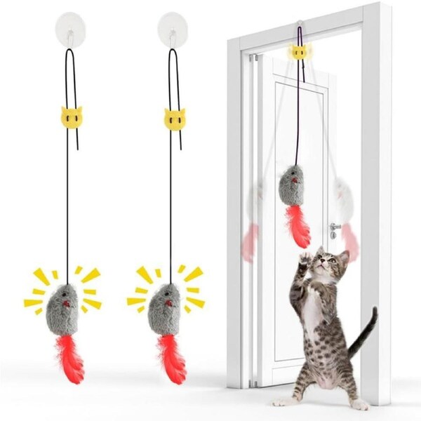 FYNIGO Self Play Cat Toys, 2 Pack Door Hanging Cat Toy Mouse with Squeaky Sound, No Batteries Required, Cat Toys for Indoor Cats, Bouncing Cat Plush Mouse Toy with Feather Tail