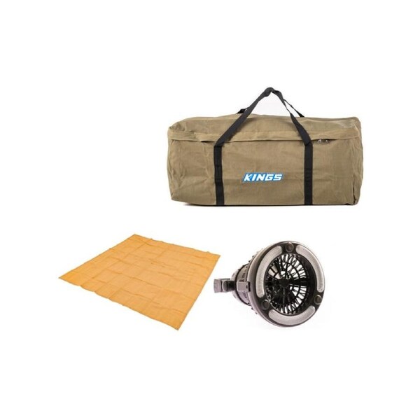 Kings Deluxe Single Swag Premium Canvas Bag + Mesh Flooring 3m x 3m + 2in1 LED Light & Fan