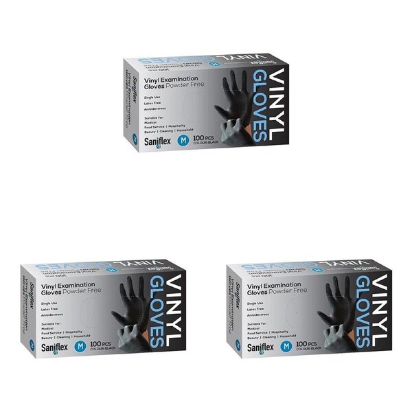 3x 100pc Saniflex Black Vinyl Examination Latex Powder Free Gloves- Size M