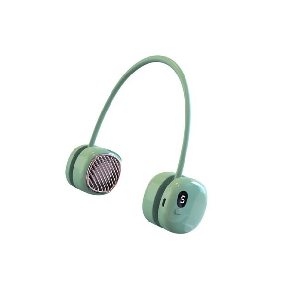Portable Neck Fan USB Rechargeable Bladeless Fan Wearable Retro Headphone Design-Green