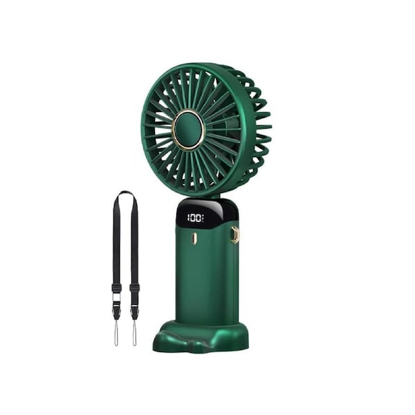 3-in-1 4000mAh 5 Speed USB Handheld Mini Folding Digital Display Fan with Lanyard and Base - Green