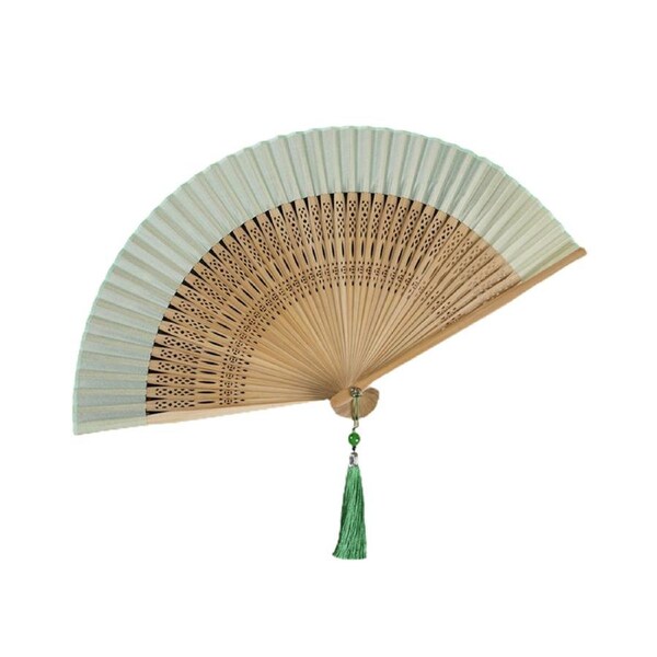 Folding Fan Chinese Style Dancing Fan with Tassels Bamboo Carving Handle Handheld Performance Fan Photo Prop-Cyan - Cyan