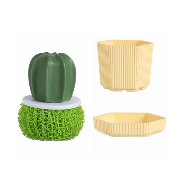 1 Set Adorable Cactus Shape Cleaning Brush Anti-slid Handle Rich Foam Plastic Scrubbing Brush for Home-Green-Green 1
