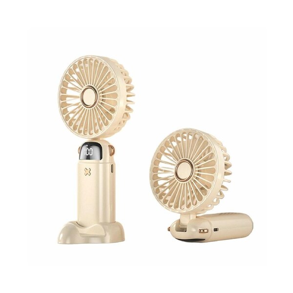 Handheld Fan With LED Display Foldable Hanging Neck Fan Rechargeable Portable Fan-Beige