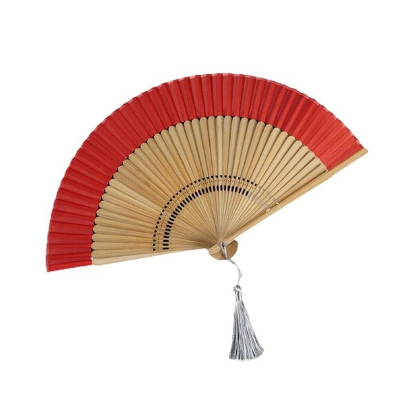 Folding Fan Chinese Style Dancing Fan with Tassels Bamboo Carving Handle Handheld Performance Fan Photo Prop-Red - Red