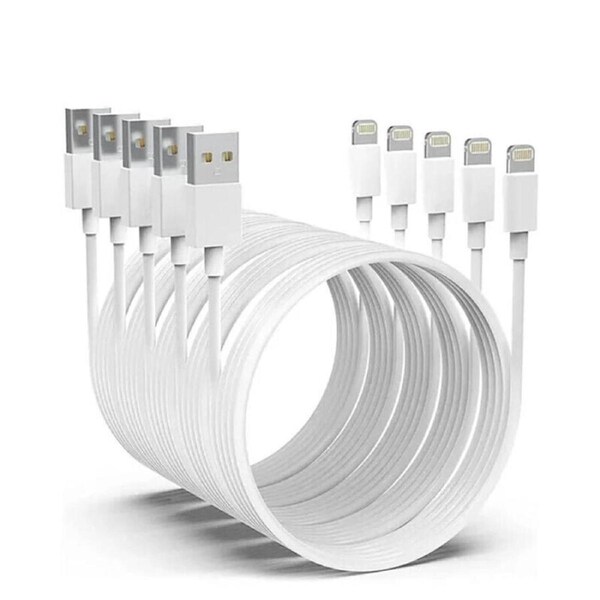 5 Pack 2m Long Data Transfer Charger Charging USB Cable Cord for Apple iPhone iPad iPod Bulk White TPE Plastic