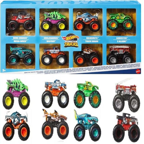 Hot Wheels Monster Trucks Set of 8 die-cast Toy Vehicles 1:64 Scale Race Play