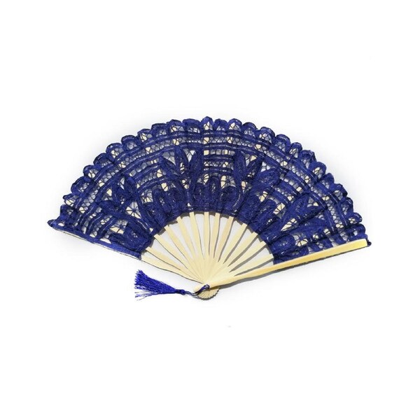 27CM Lace Folding Fan with Tassel Vintage Wedding Dance Performance Photo Props Portable Summer Hand Held Fan Party Supplies Gift-Royal Blue - Royal Blue