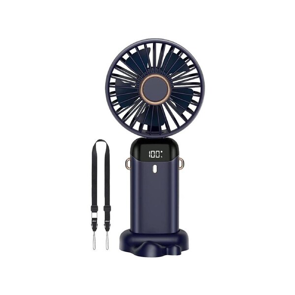 3-in-1 4000mAh 5 Speed USB Handheld Mini Folding Digital Display Fan with Lanyard and Base - Blue