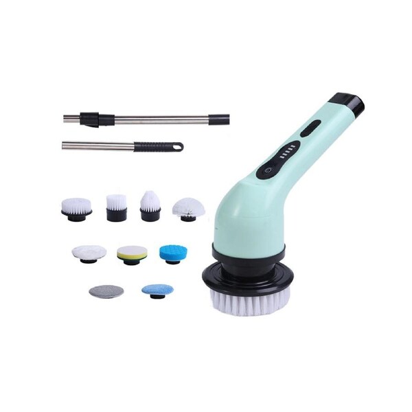 Electric Multifunctional Scrubber with 9 Replaceable Brush Heads and Adjustable Extension Handle - Green