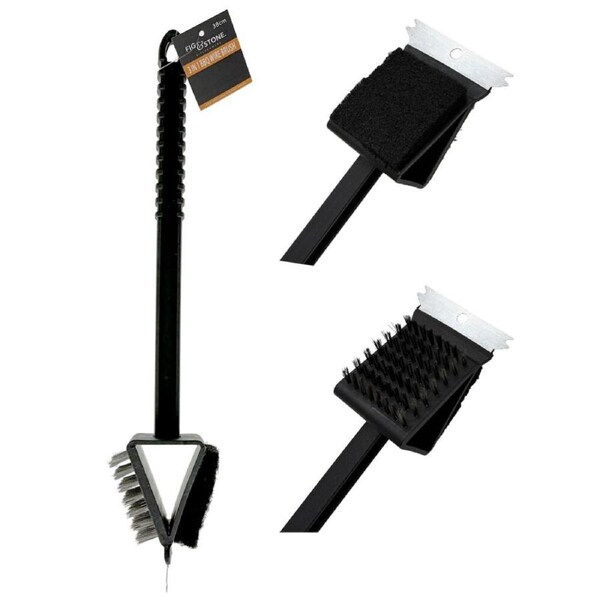 3-in-1 Double-Sided BBQ Grill Cleaning Brush – 38cm Heavy-Duty Wire Bristles & Scraper