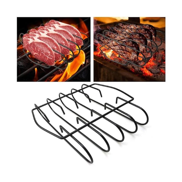 Roasting Rib Rack Heat Resistant Barbecue Iron Holds 4 Ribs Roasting Stand Smoker Accessory-Black