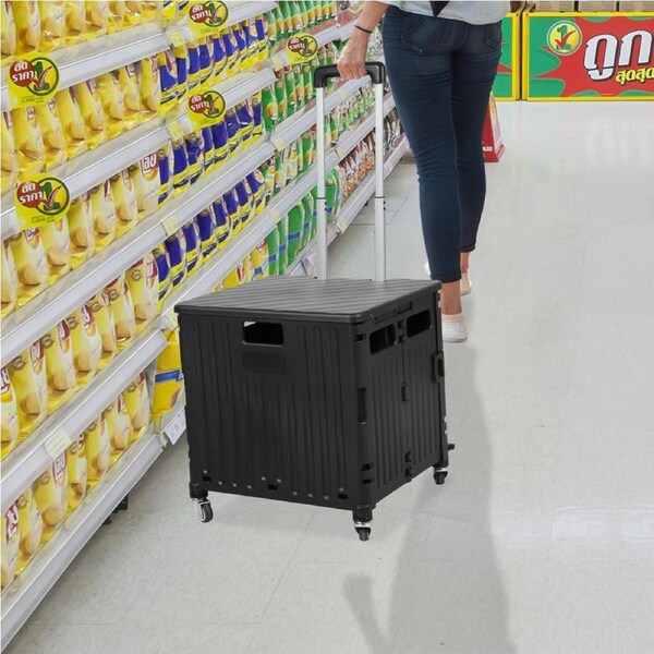 Traderight Folding Shopping Trolley Cart Portable Rolling Grocery Basket Wheel Black