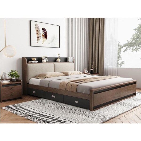 Wooden Multi Functional Gas Lift Bed With Storage-Queen