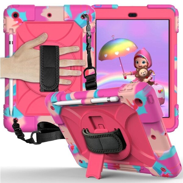 Catzon Rainbow iPad Case Kickstand/Hand+Neck Strap+Pencil Holder For iPad 7 10.2 inch 2019-RainbowHot Pink