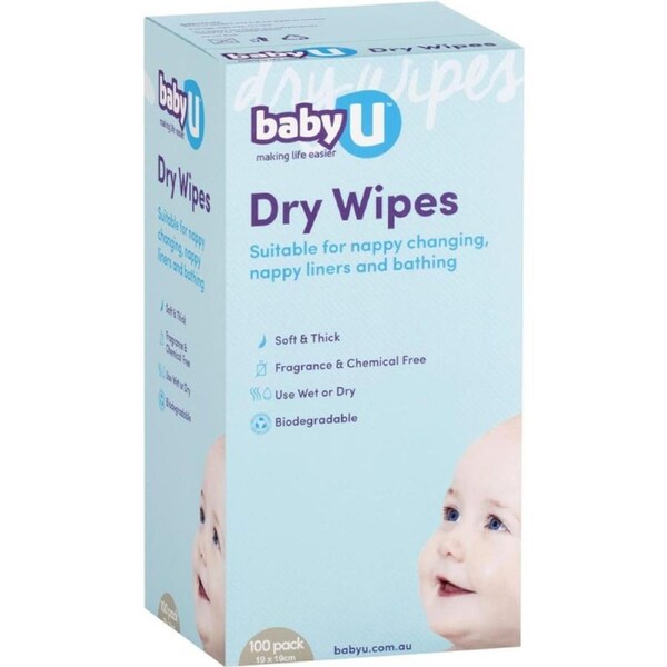 babyU Dry Wipes - Soft & Thick - Fragrance & Chemical Free - Use wet or dry - Biodegradable