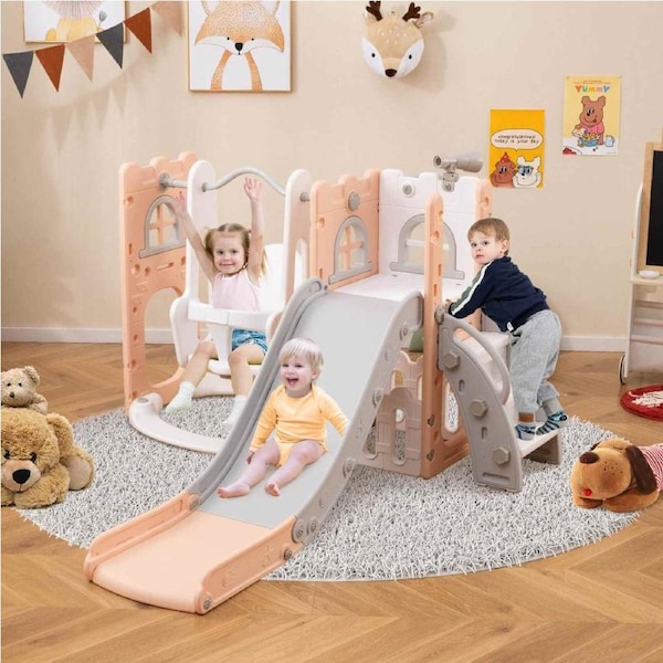 Costway 7-in-1 Swing & Slide Set w/Water Sand Filled Base Telescope L-shaped Freestanding Slide Playset Pink