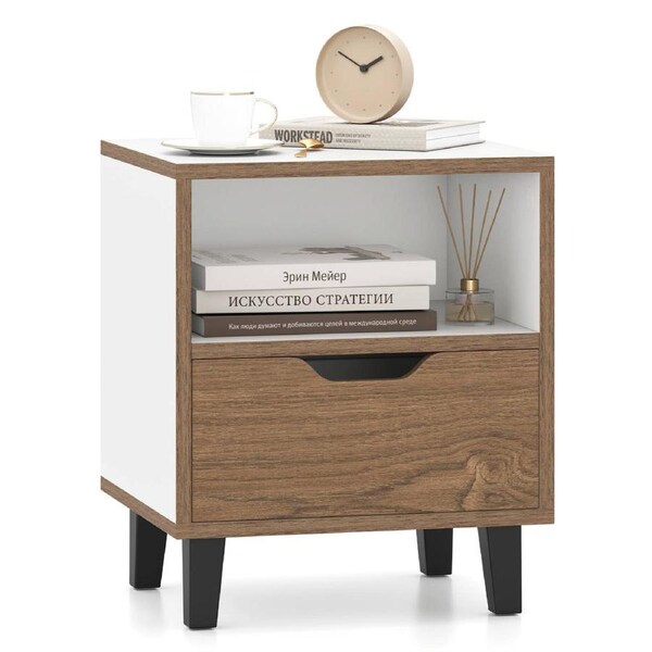 Costway Nightstand Mid Century Modern Bedside Table w/Drawer Square End Table Natural