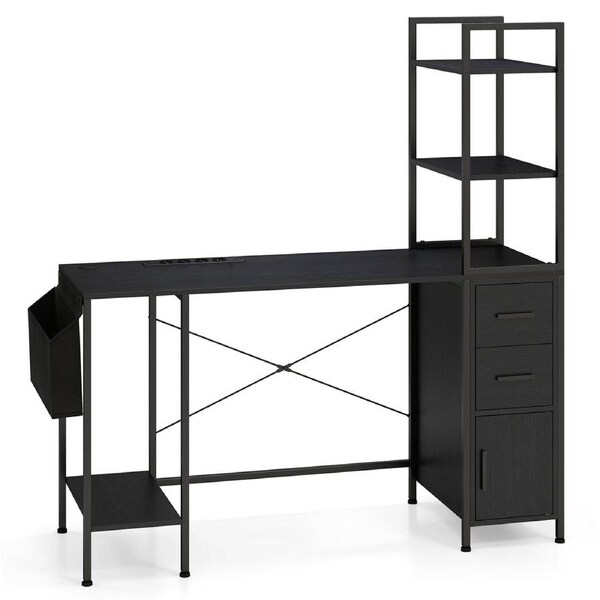 Costway Computer Desk Office Desk w/LED Lights & Power Outlets Gaming Table Writing Desk Black