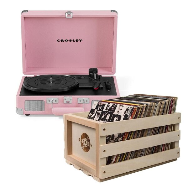 Crosley Cruiser Bluetooth Portable Turntable - Blush Pink + Bundled Crosley Record Storage Crate