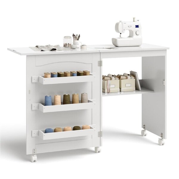 Giantex 2-in-1 Sewing Table Mobile Craft Table w/Lockable Casters Sewing Machine Cart Table White