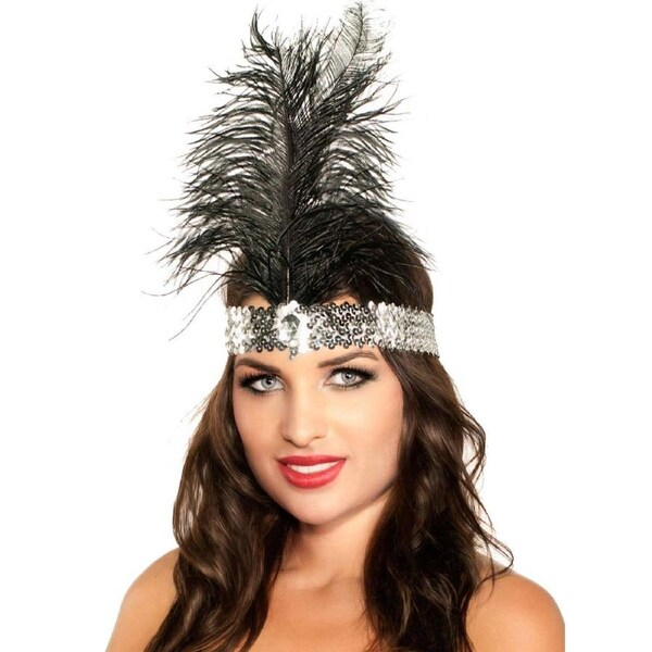 1920s Silver Sequin Flapper Headband with Black Feather