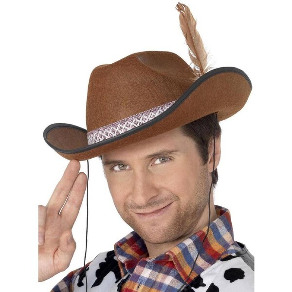 Dallas Mens Brown Cowboy Costume Hat with Feather