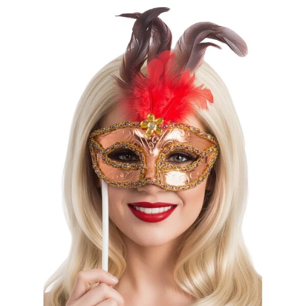Handheld Red Feather Gold Masquerade Mask