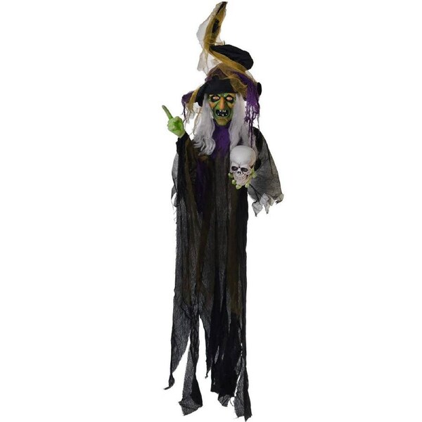 Animated Hanging Life Size Evil Witch with Skull Halloween Decoration