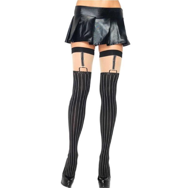 Pinstriped Opaque Suspender Look Thigh High Stockings