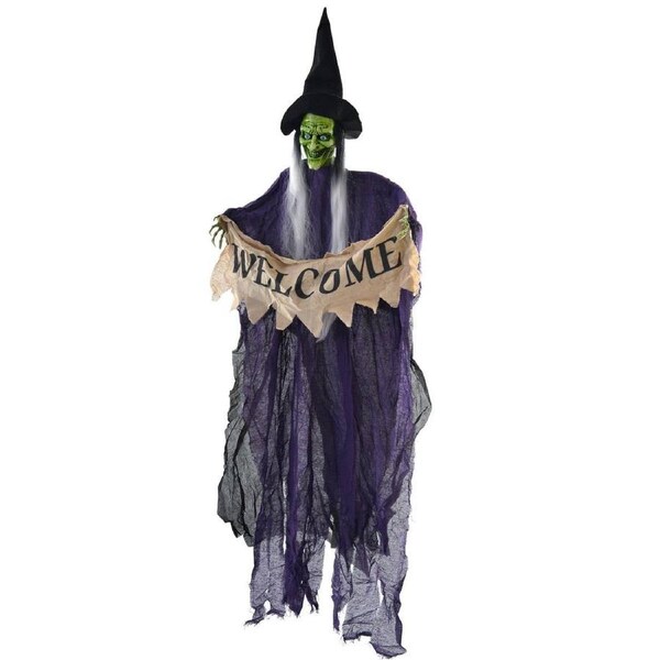 Tattered Purple Witch with Welcome Sign Halloween Decoration