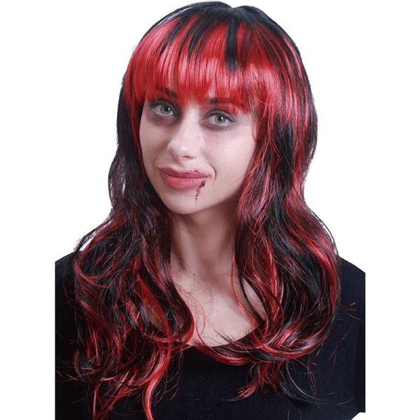 Wavy Red and Black Womens Halloween Costume Wig with Fringe