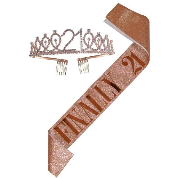 Finally 21 Rose Gold Glitter Sash and Tiara Set