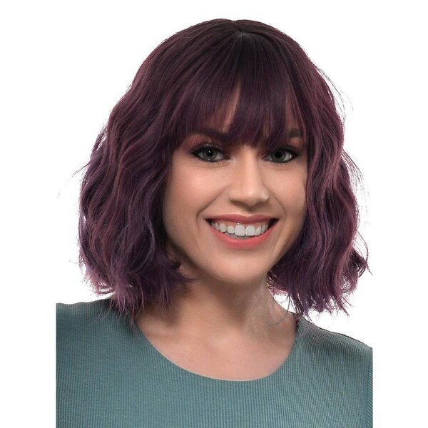 Short Deep Purple Wavy Bob Fashion Wig with Skin Top Part