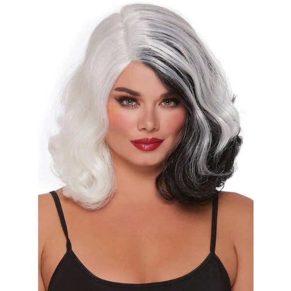 Split Hues Short Curly Black and White Womens Costume Wig