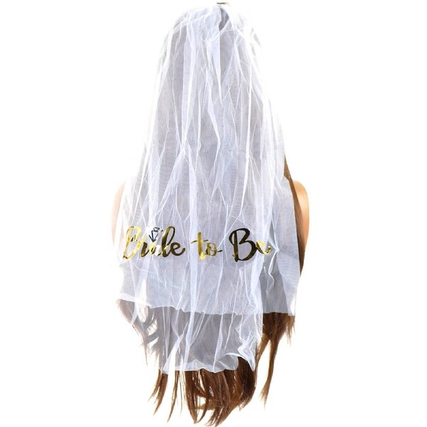 Bride to Be White Mesh Veil with Metallic Gold Text