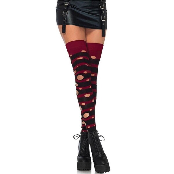 Distressed Black and Red Opaque Striped Womens Thigh Highs