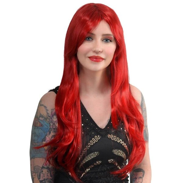 Bree Long Bright Red Wavy Womens Costume Wig with Side Fringe