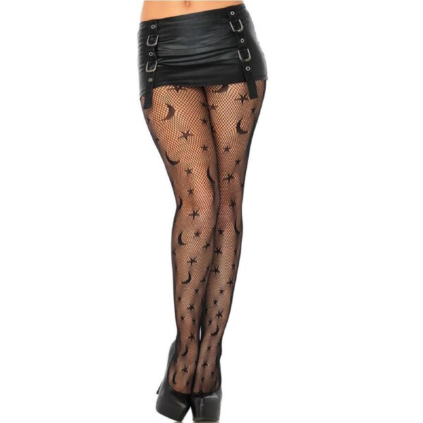 Celestial Star and Moon Print Fishnet Stockings